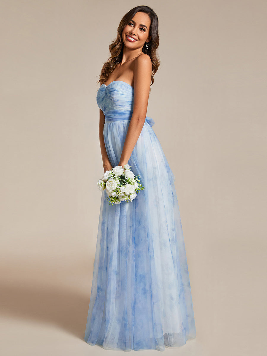 Color=Ice blue | Printed Bowknot Empire Waist Strapless Formal Evening Dress-Ice blue 3