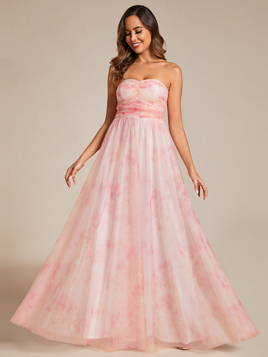 Color=Pink | Printed Bowknot Empire Waist Strapless Formal Evening Dress-Pink 15