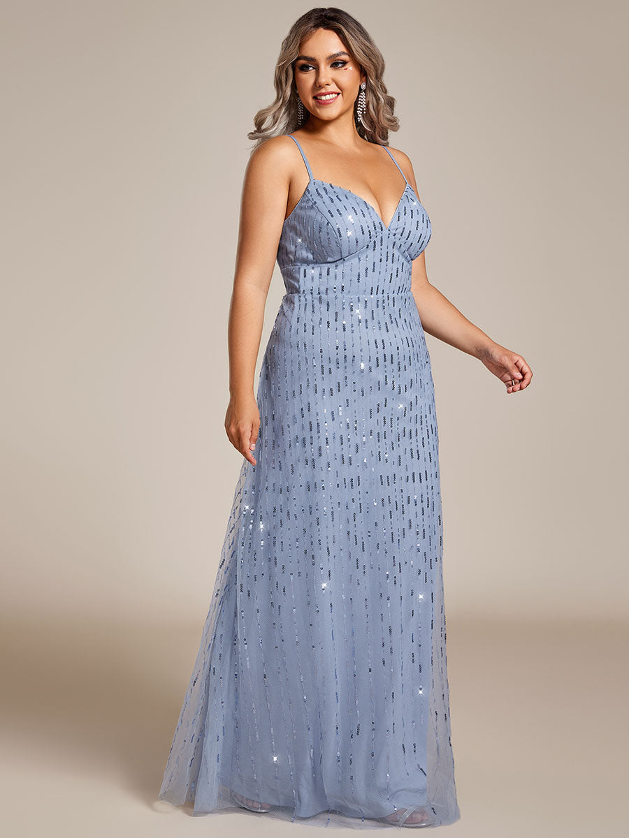 Color=Light Blue | Plus Size  Maxi Long Tulle Sequin V Neck Spaghetti Straps Bridesmaid Dress -Light Blue 1