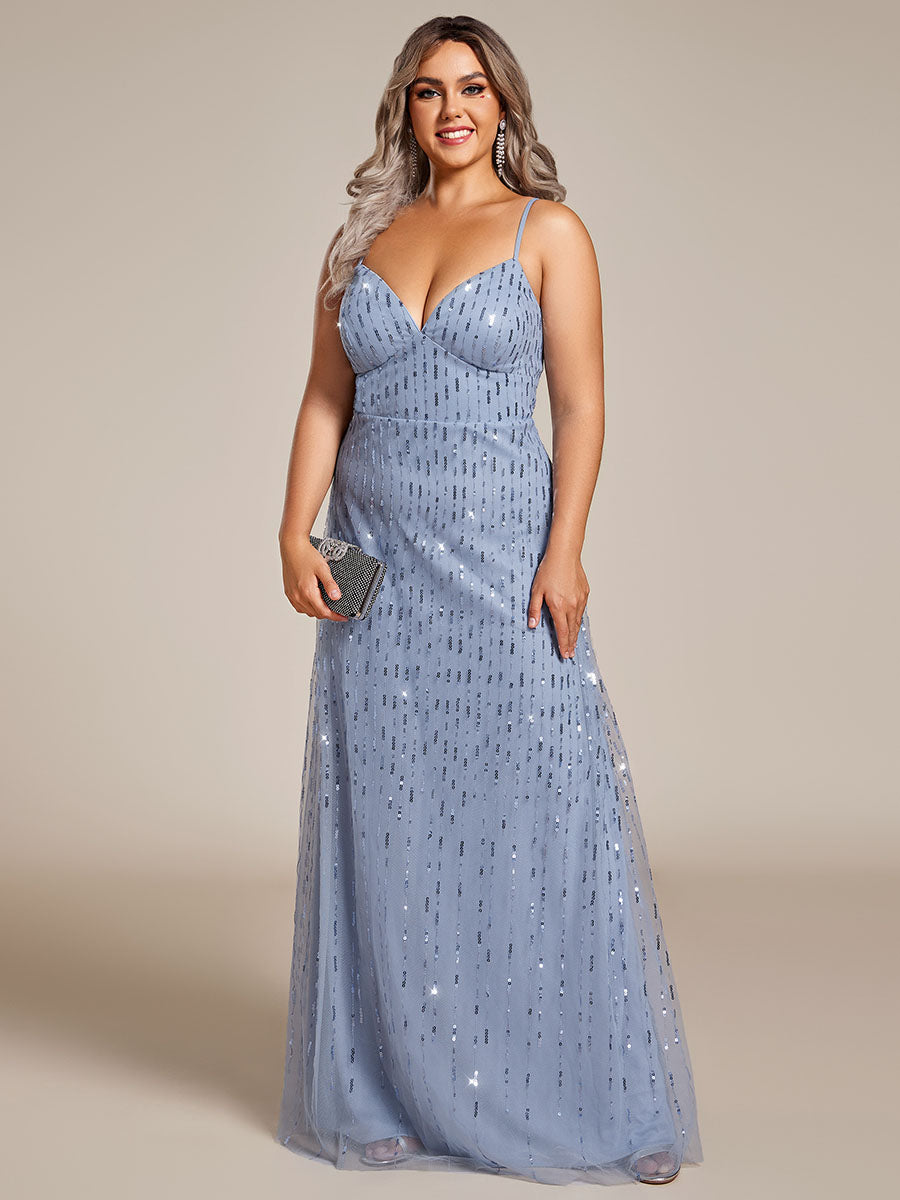 Color=Light Blue | Plus Size  Maxi Long Tulle Sequin V Neck Spaghetti Straps Bridesmaid Dress -Light Blue 1
