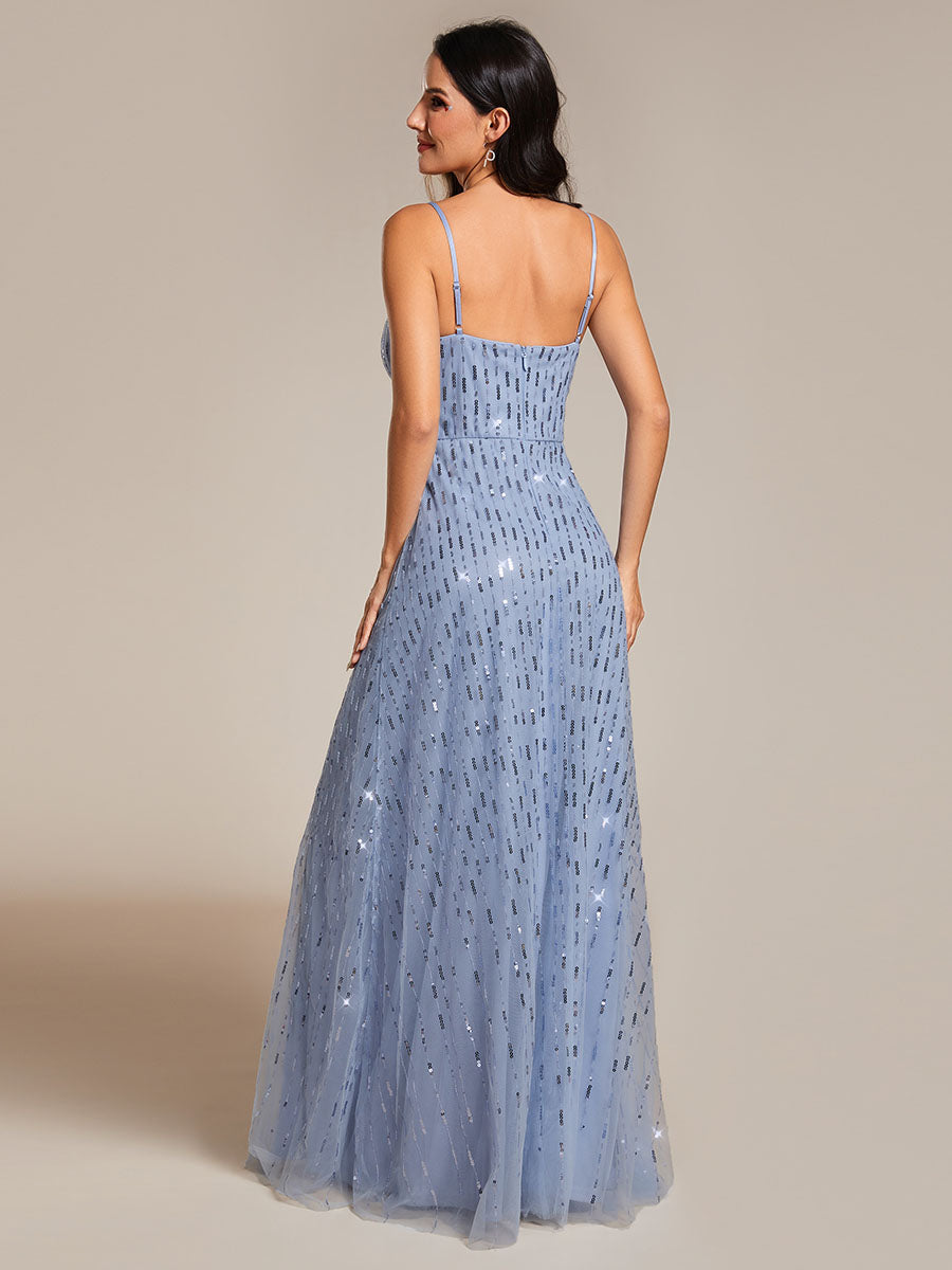 Color=Light Blue | Maxi Long Tulle Sequin V Neck Spaghetti Straps Bridesmaid Dress -Light Blue 1