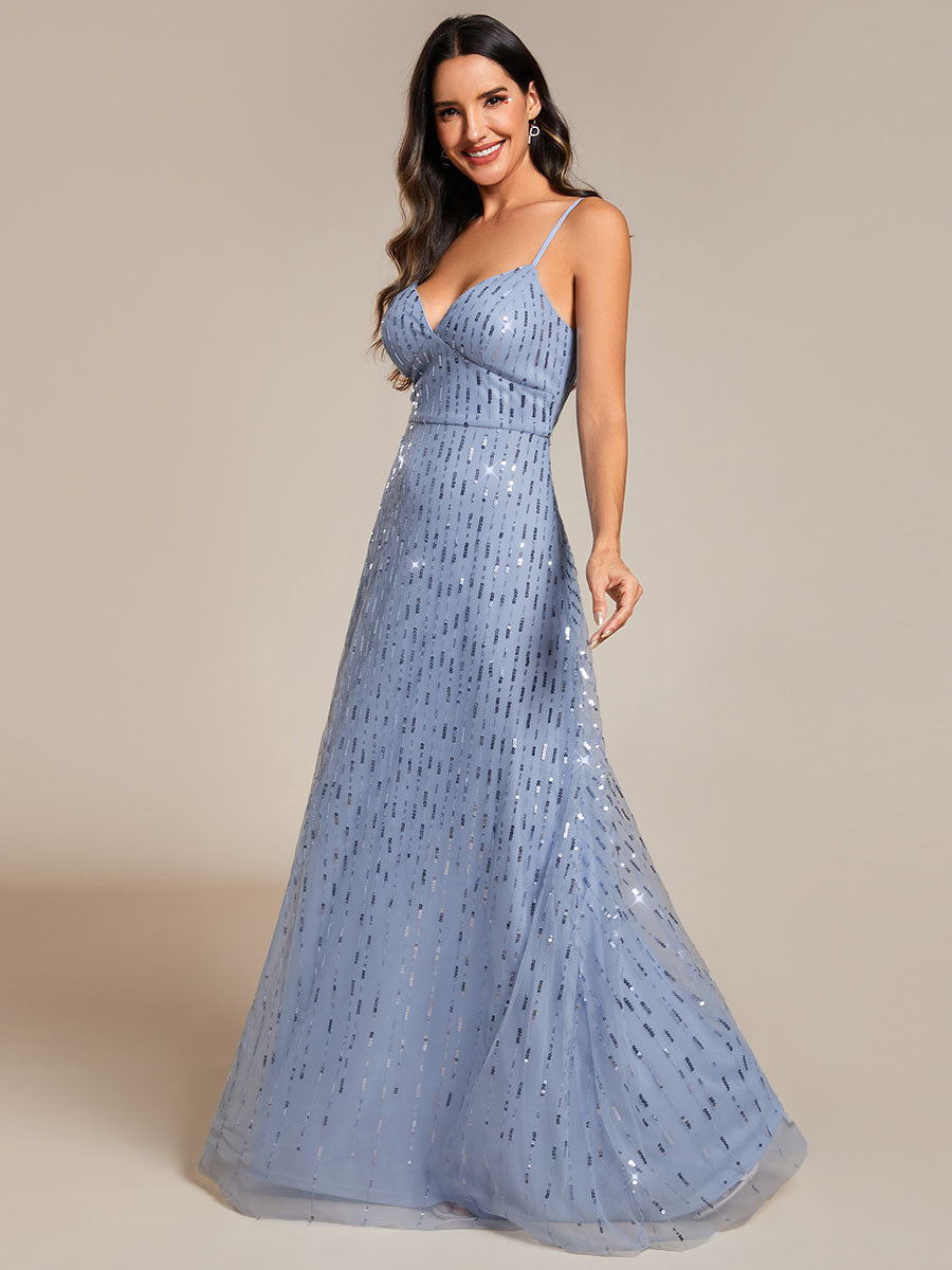 Color=Light Blue | Maxi Long Tulle Sequin V Neck Spaghetti Straps Bridesmaid Dress -Light Blue 1