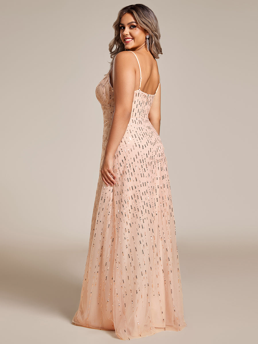 Color=Rose Gold | Plus Size Plus Size  Maxi Long Tulle Sequin V Neck Spaghetti Straps Bridesmaid Dress -Rose Gold 1