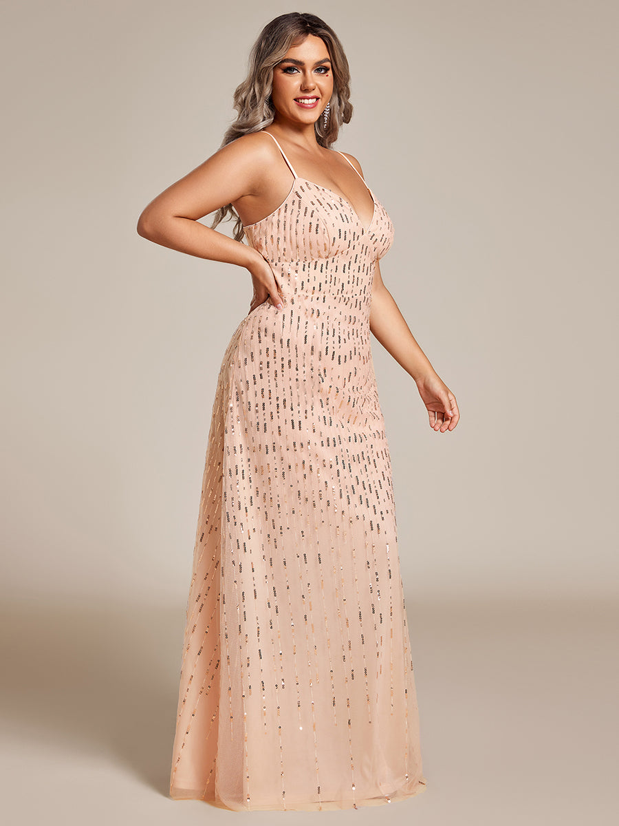 Color=Rose Gold | Plus Size Plus Size  Maxi Long Tulle Sequin V Neck Spaghetti Straps Bridesmaid Dress -Rose Gold 1