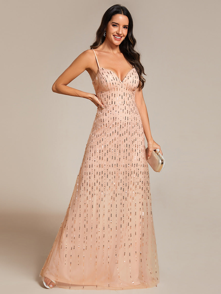 Color=Rose Gold |  Maxi Long Tulle Sequin V Neck Spaghetti Straps Bridesmaid Dress -Rose Gold 1
