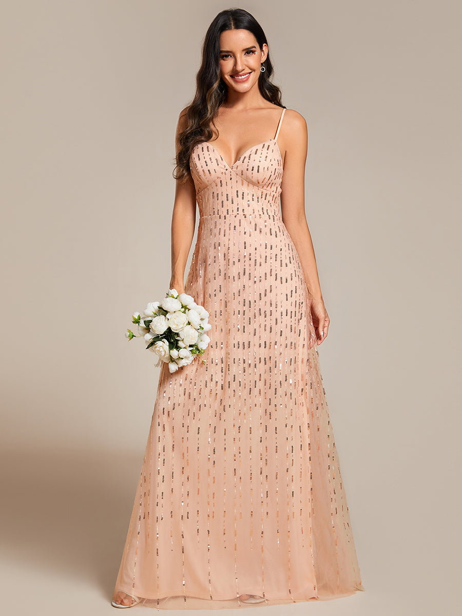 Color=Rose Gold |  Maxi Long Tulle Sequin V Neck Spaghetti Straps Bridesmaid Dress -Rose Gold 1