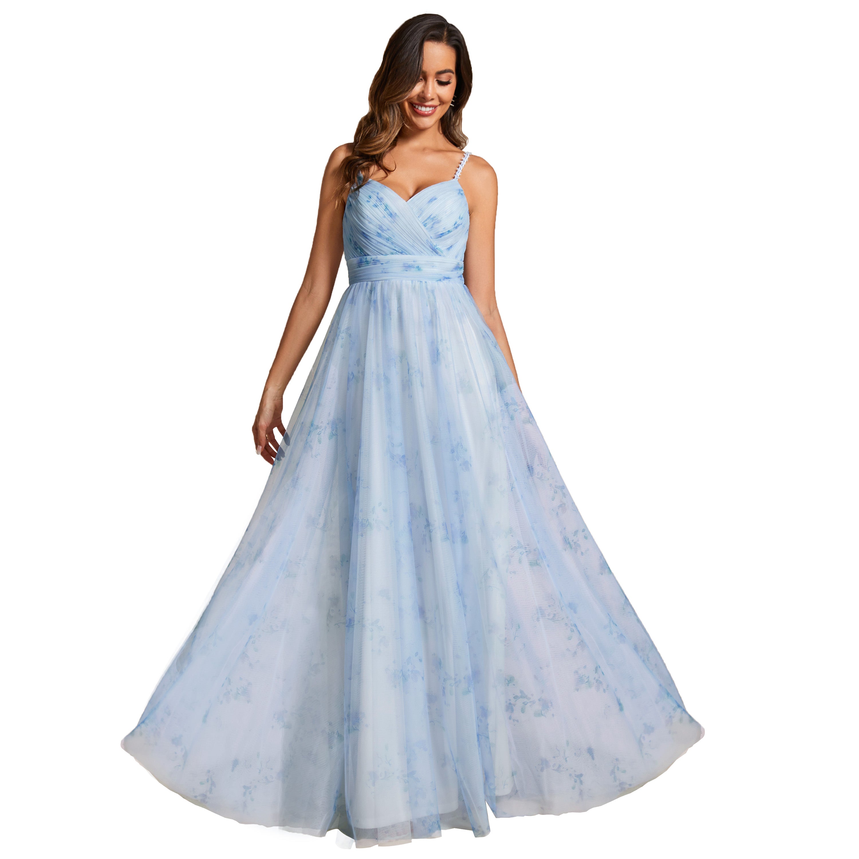 Color=Ice blue | Tulle Floral Printed Spaghetti Strap Evening Dress with V-Neck-Ice blue 5