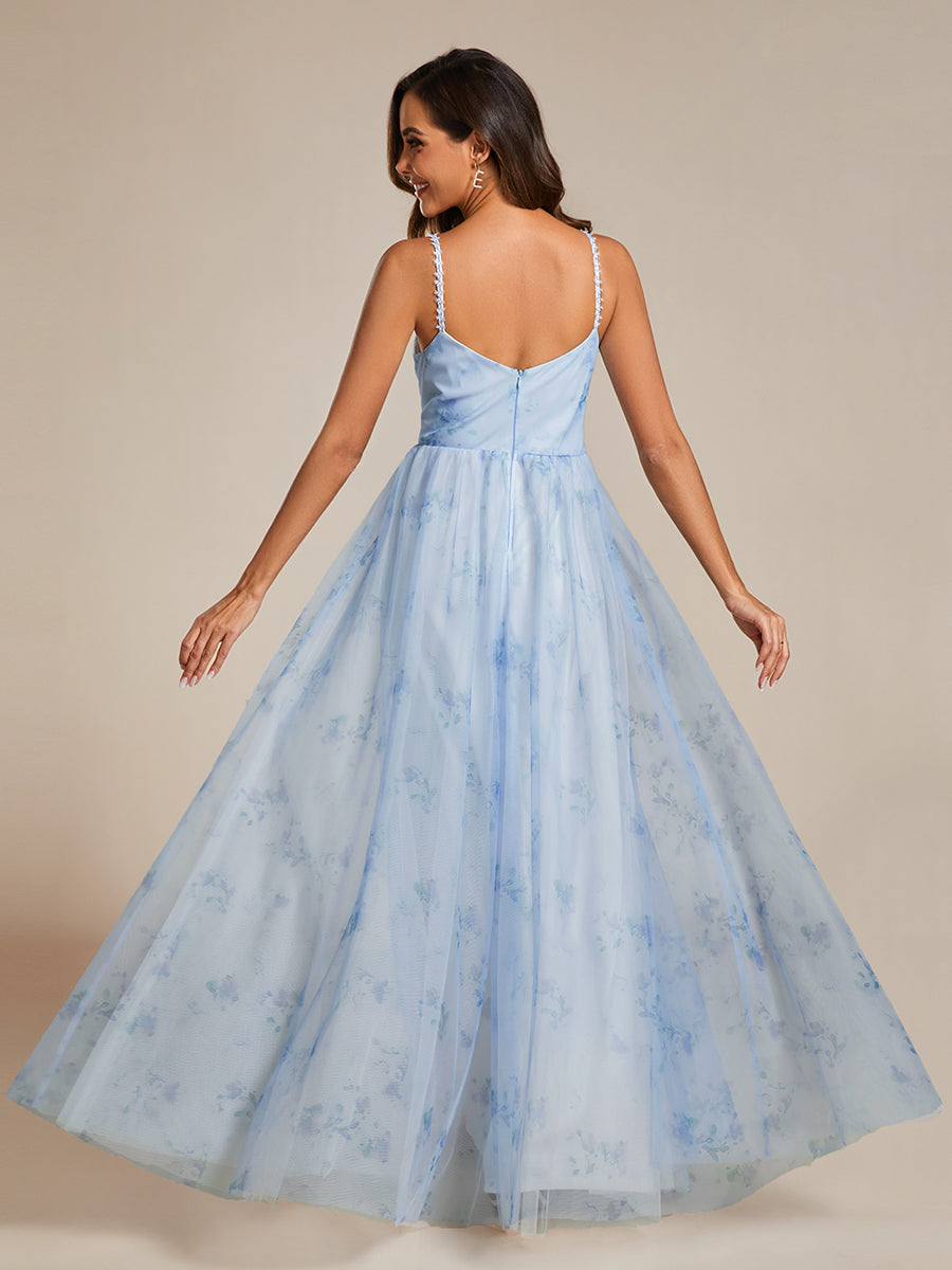 Color=Ice blue | Tulle Floral Printed Spaghetti Strap Evening Dress with V-Neck-Ice blue 3