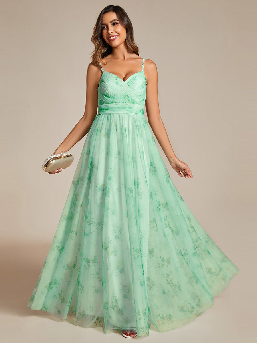 Color=Mint Green | Tulle Floral Printed Spaghetti Strap Evening Dress with V-Neck-Mint Green 8