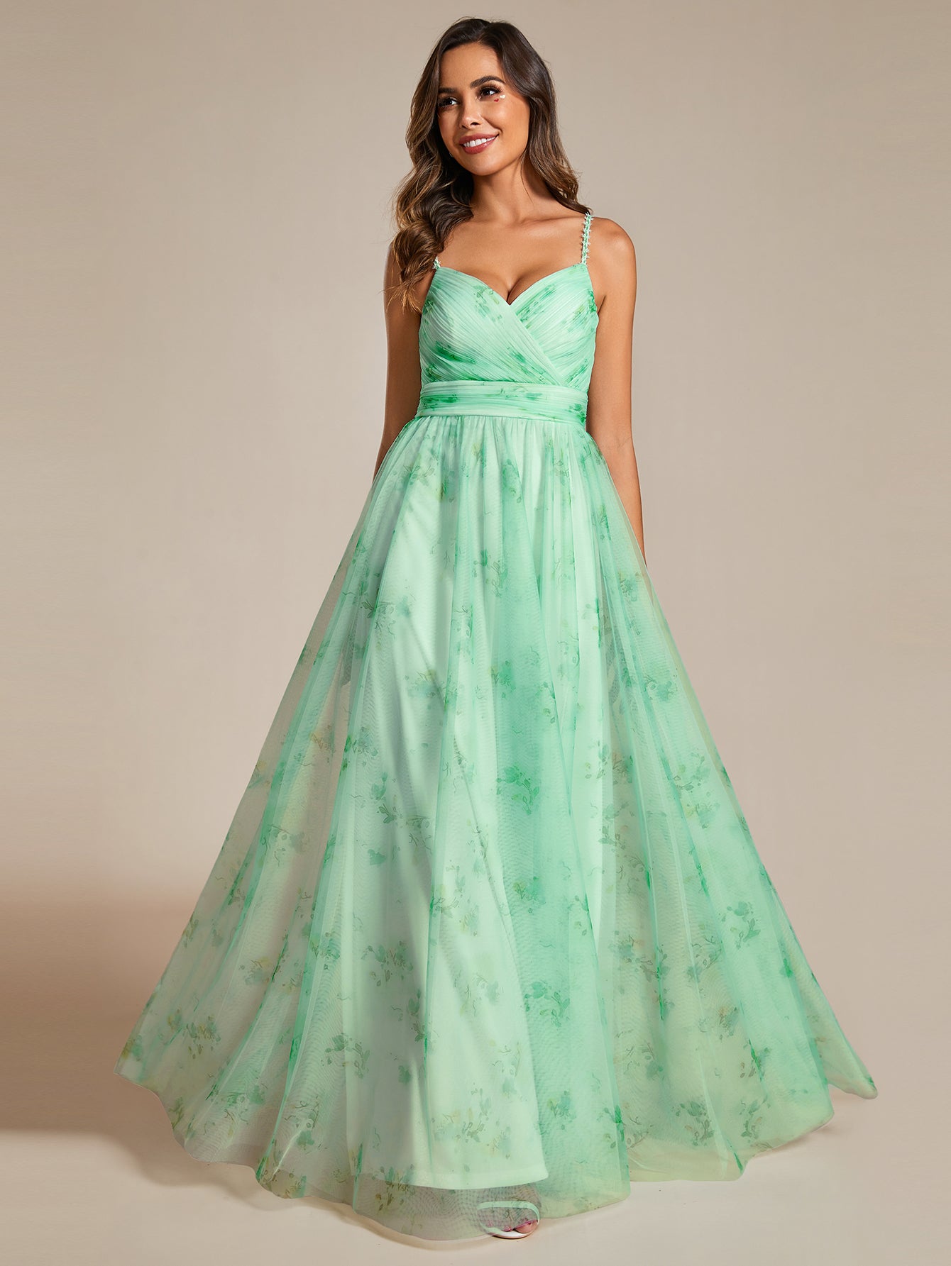 Color=Mint Green | Tulle Floral Printed Spaghetti Strap Evening Dress with V-Neck-Mint Green 12