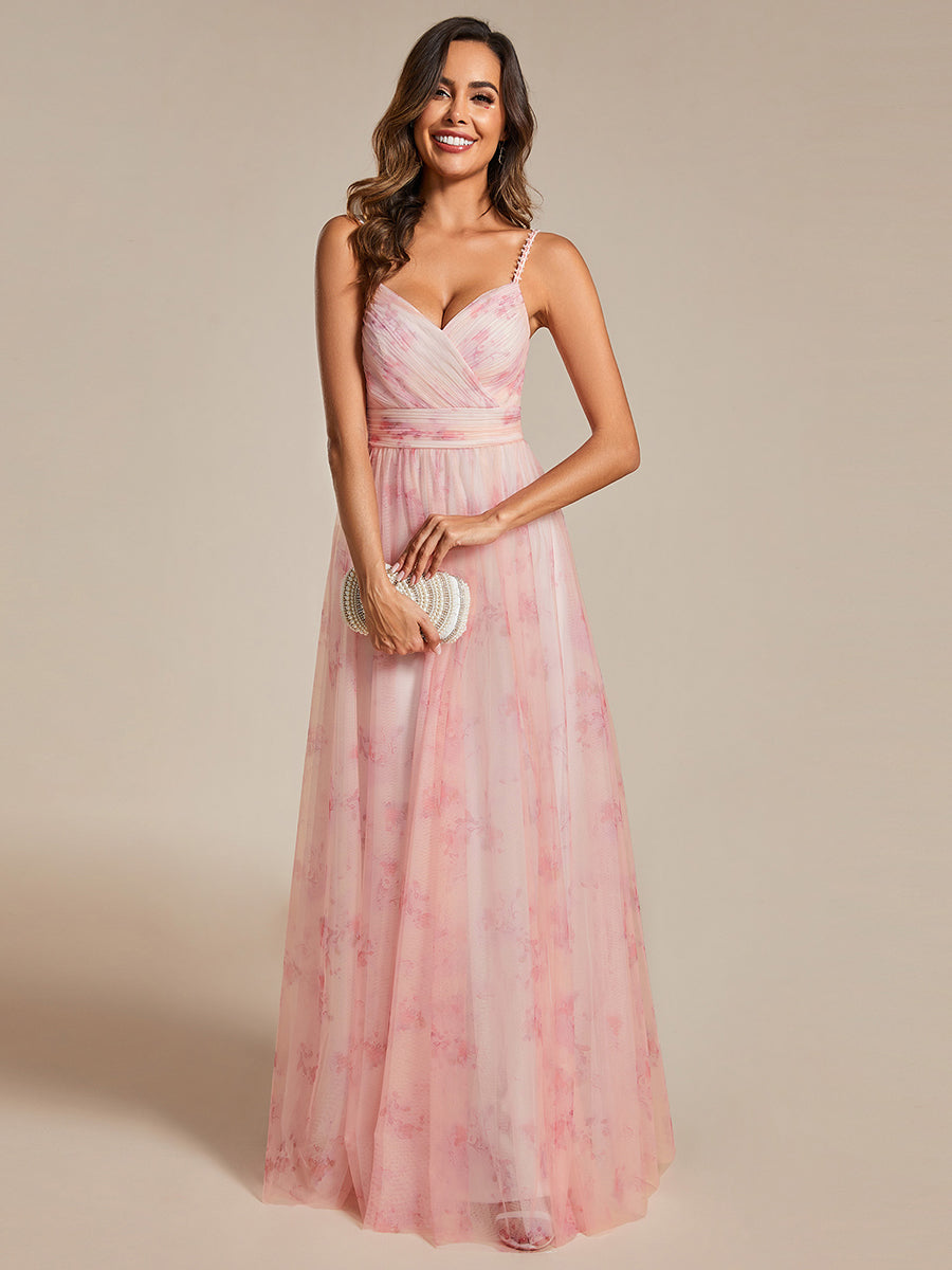 Color=Pink | Tulle Floral Printed Spaghetti Strap Evening Dress with V-Neck-Pink 