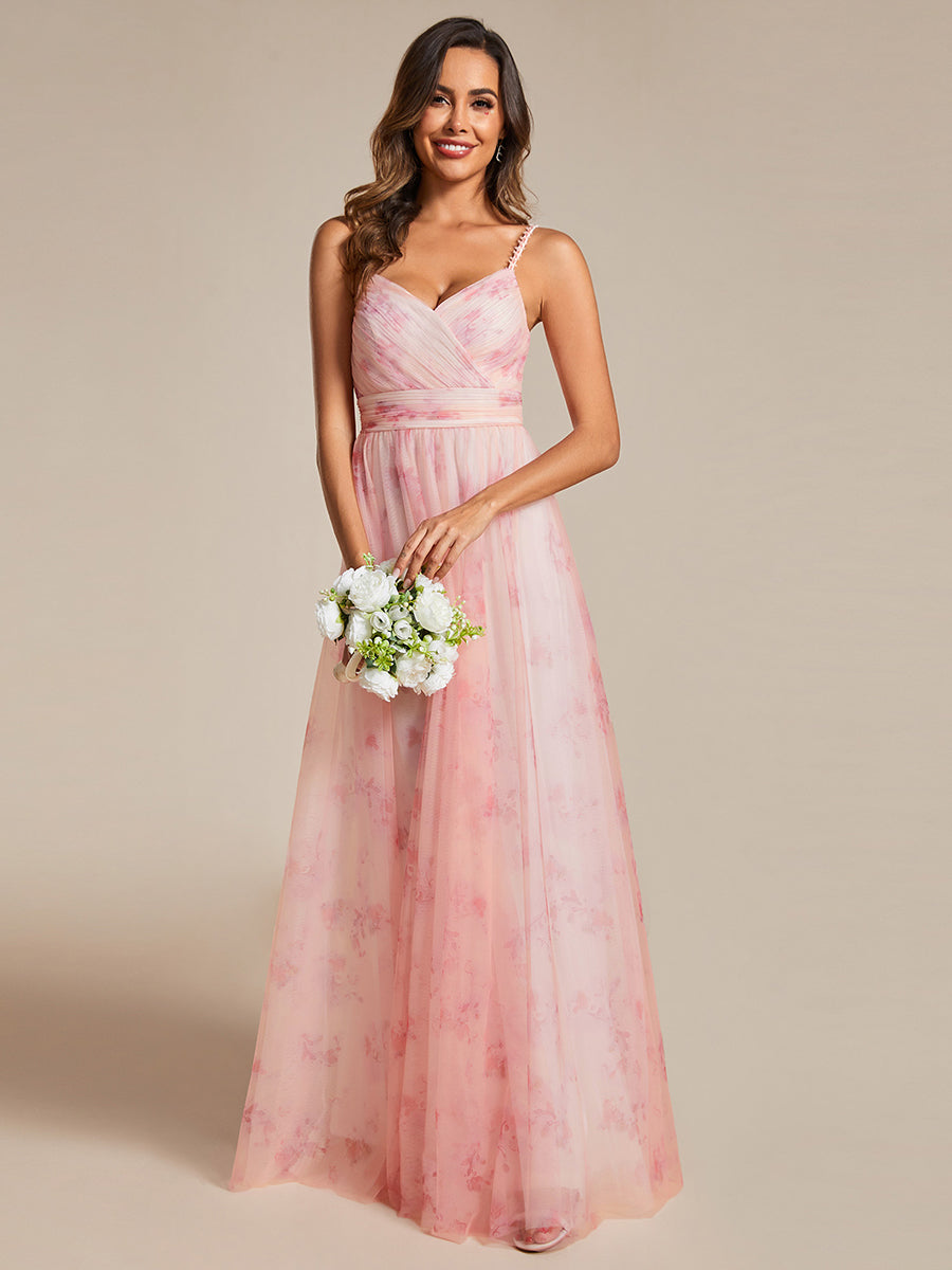 Color=Pink | Tulle Floral Printed Spaghetti Strap Evening Dress with V-Neck-Pink 15