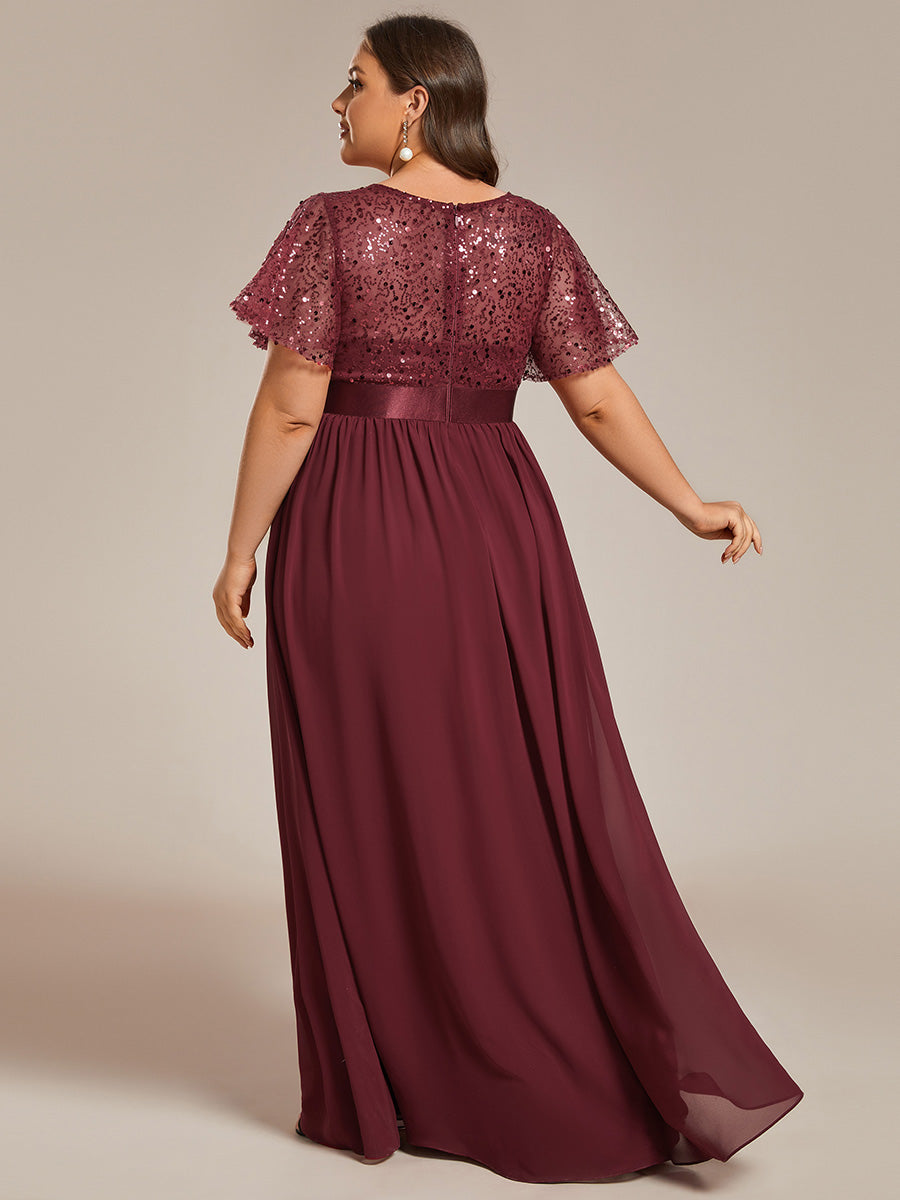 Color=Burgundy | Plus Round-Neck Sequin Chiffon High Waist Formal Evening Dress With Short Sleeves-Burgundy 1
