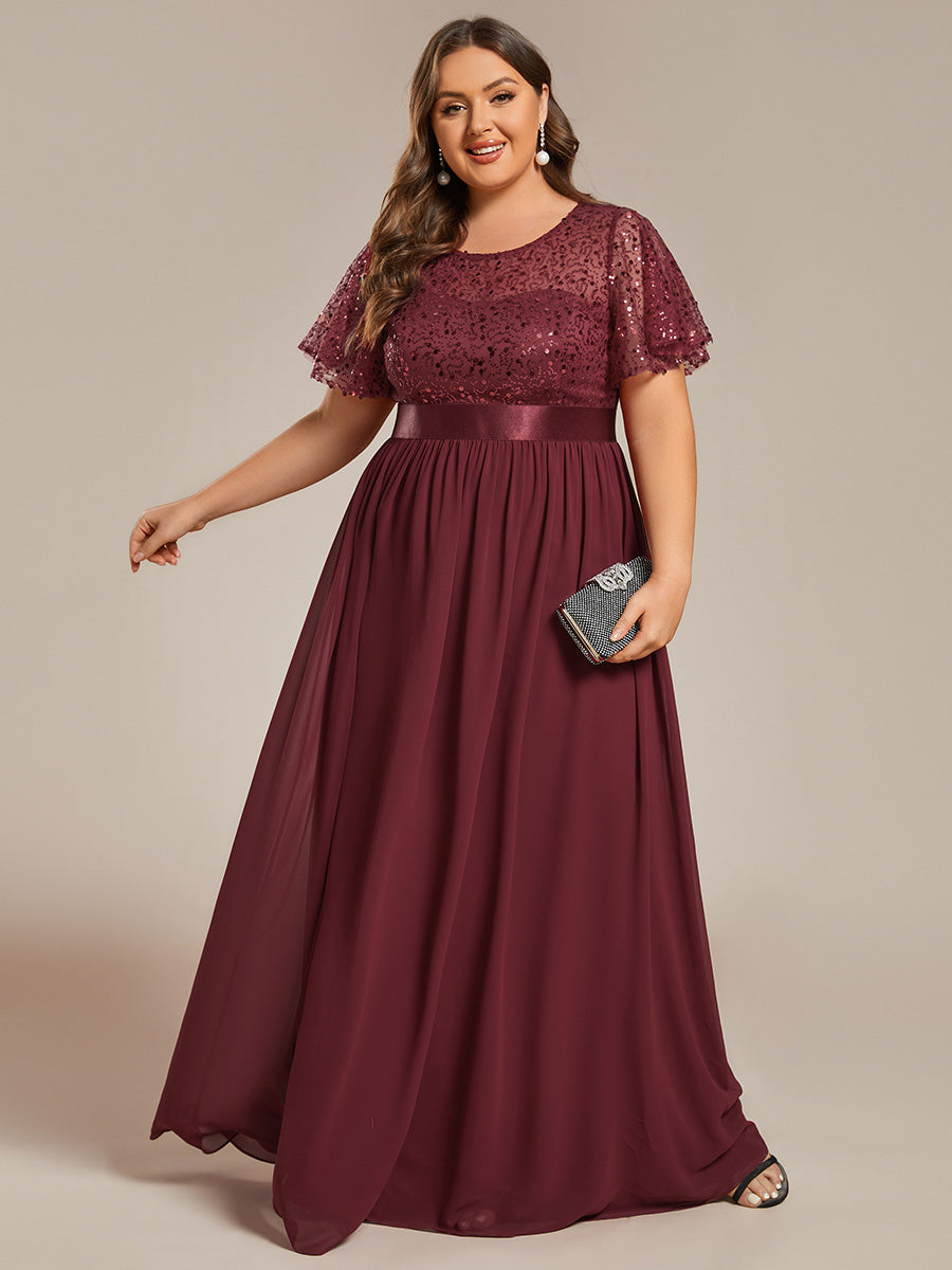 Color=Burgundy | Plus Round-Neck Sequin Chiffon High Waist Formal Evening Dress With Short Sleeves-Burgundy 1