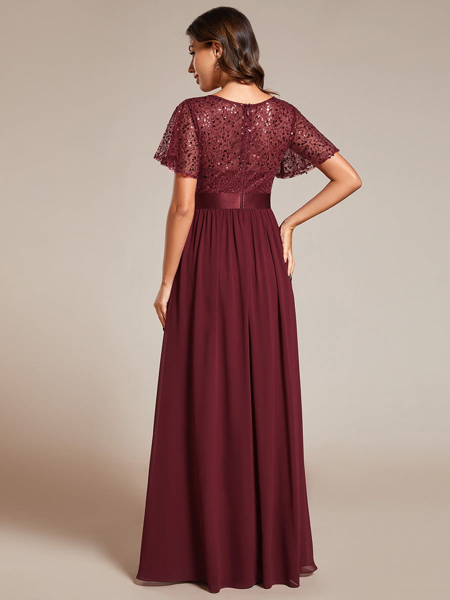 Color=Burgundy | Round-Neck Sequin Chiffon High Waist Formal Evening Dress With Short Sleeves-Burgundy 4