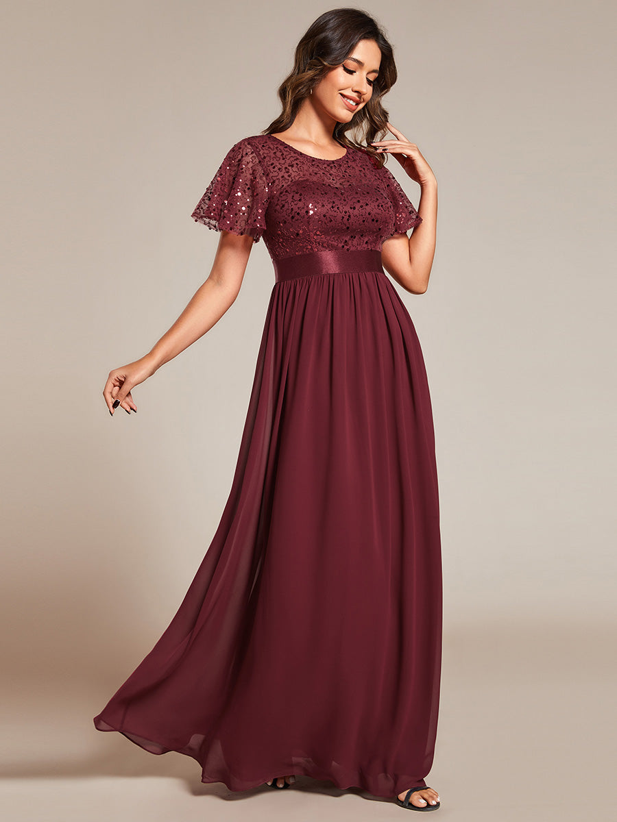 Color=Burgundy | Round-Neck Sequin Chiffon High Waist Formal Evening Dress With Short Sleeves-Burgundy 3