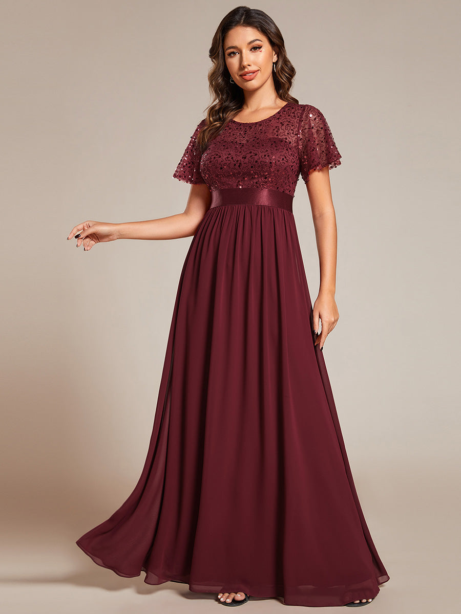 Color=Burgundy | Round-Neck Sequin Chiffon High Waist Formal Evening Dress With Short Sleeves-Burgundy 1