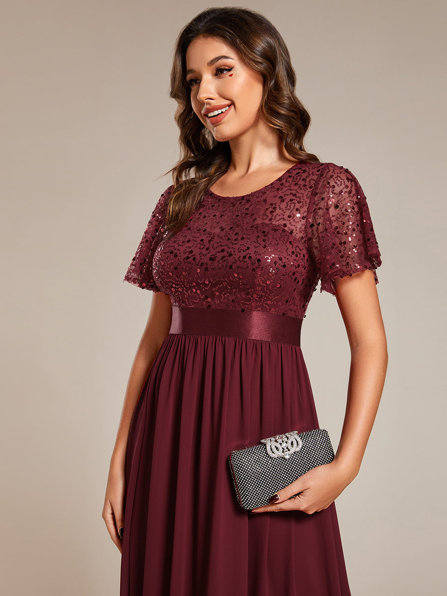 Color=Burgundy | Round-Neck Sequin Chiffon High Waist Formal Evening Dress With Short Sleeves-Burgundy 2