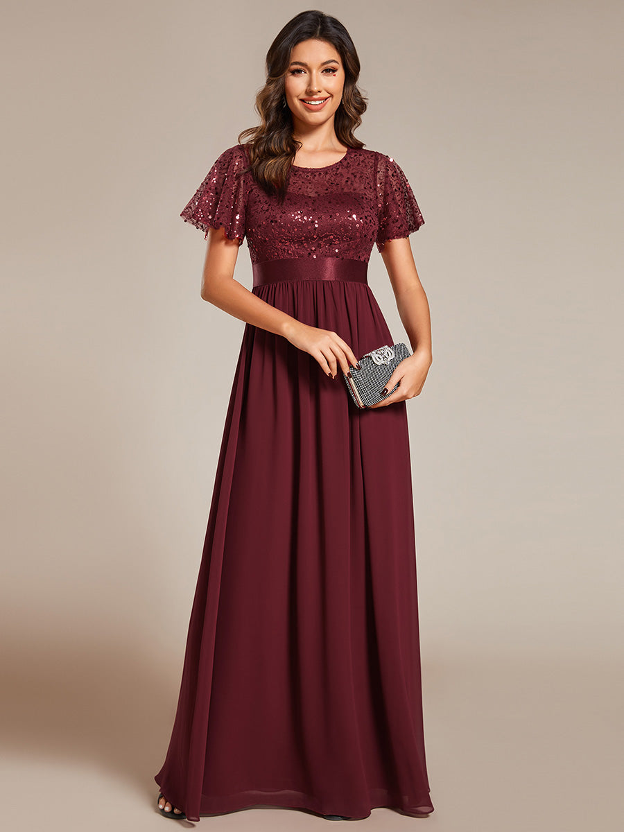 Color=Burgundy | Round-Neck Sequin Chiffon High Waist Formal Evening Dress With Short Sleeves-Burgundy 5
