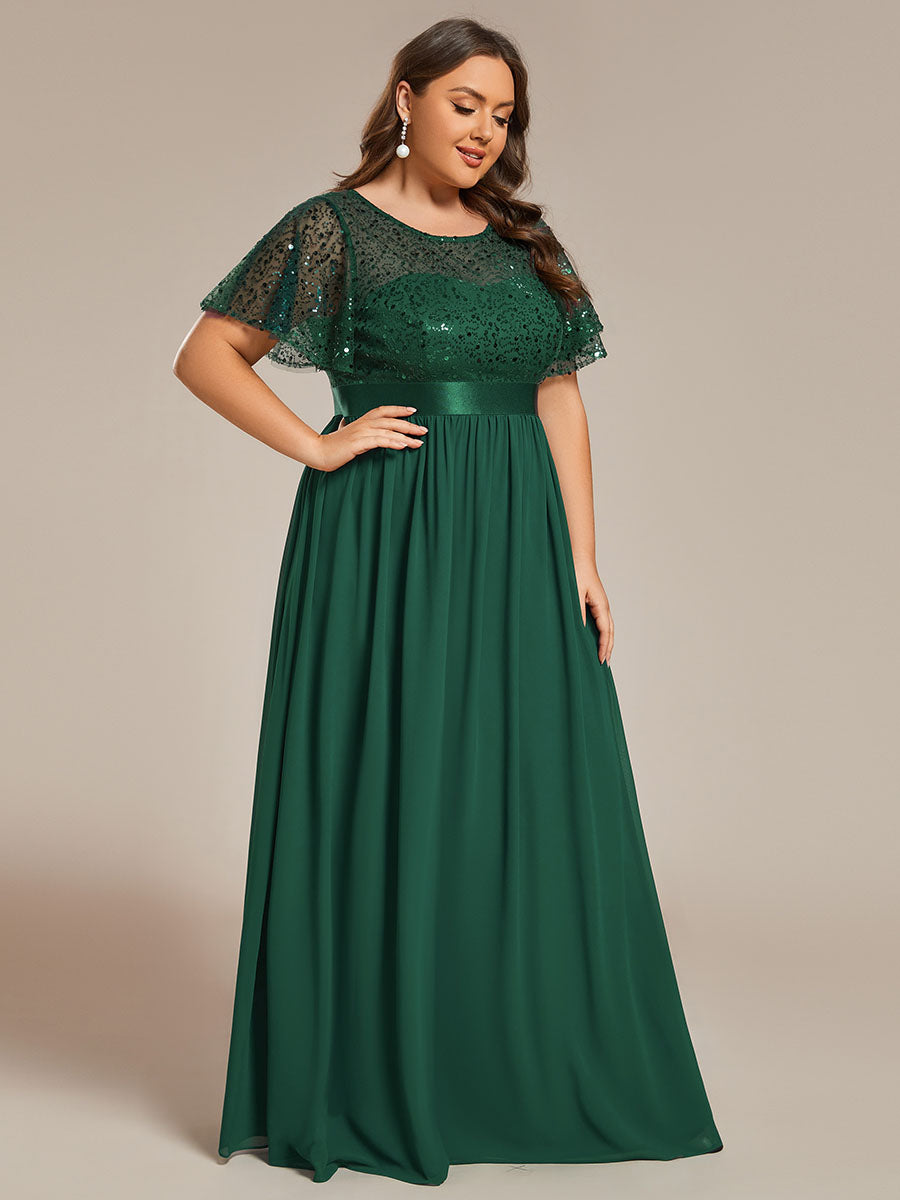 Color=Dark Green | Plus Round-Neck Sequin Chiffon High Waist Formal Evening Dress With Short Sleeves-Dark Green 1