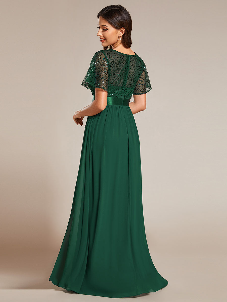 Color=Dark Green | Round-Neck Sequin Chiffon High Waist Formal Evening Dress With Short Sleeves-Dark Green 14