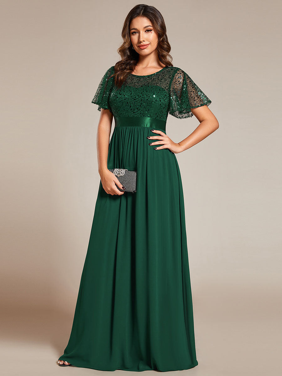 Color=Dark Green | Round-Neck Sequin Chiffon High Waist Formal Evening Dress With Short Sleeves-Dark Green 15