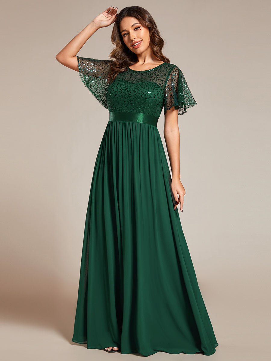 Color=Dark Green | Round-Neck Sequin Chiffon High Waist Formal Evening Dress With Short Sleeves-Dark Green 