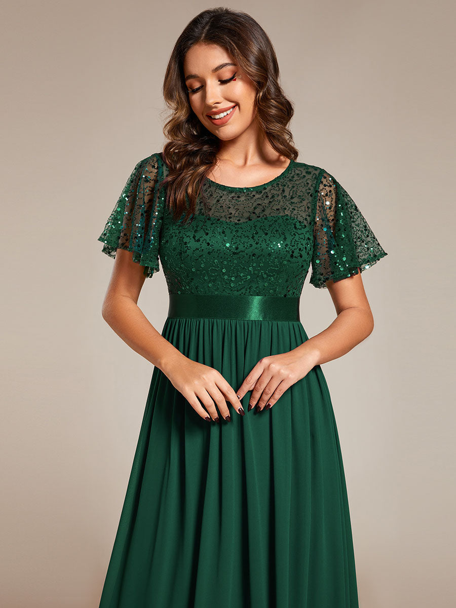 Color=Dark Green | Round-Neck Sequin Chiffon High Waist Formal Evening Dress With Short Sleeves-Dark Green 