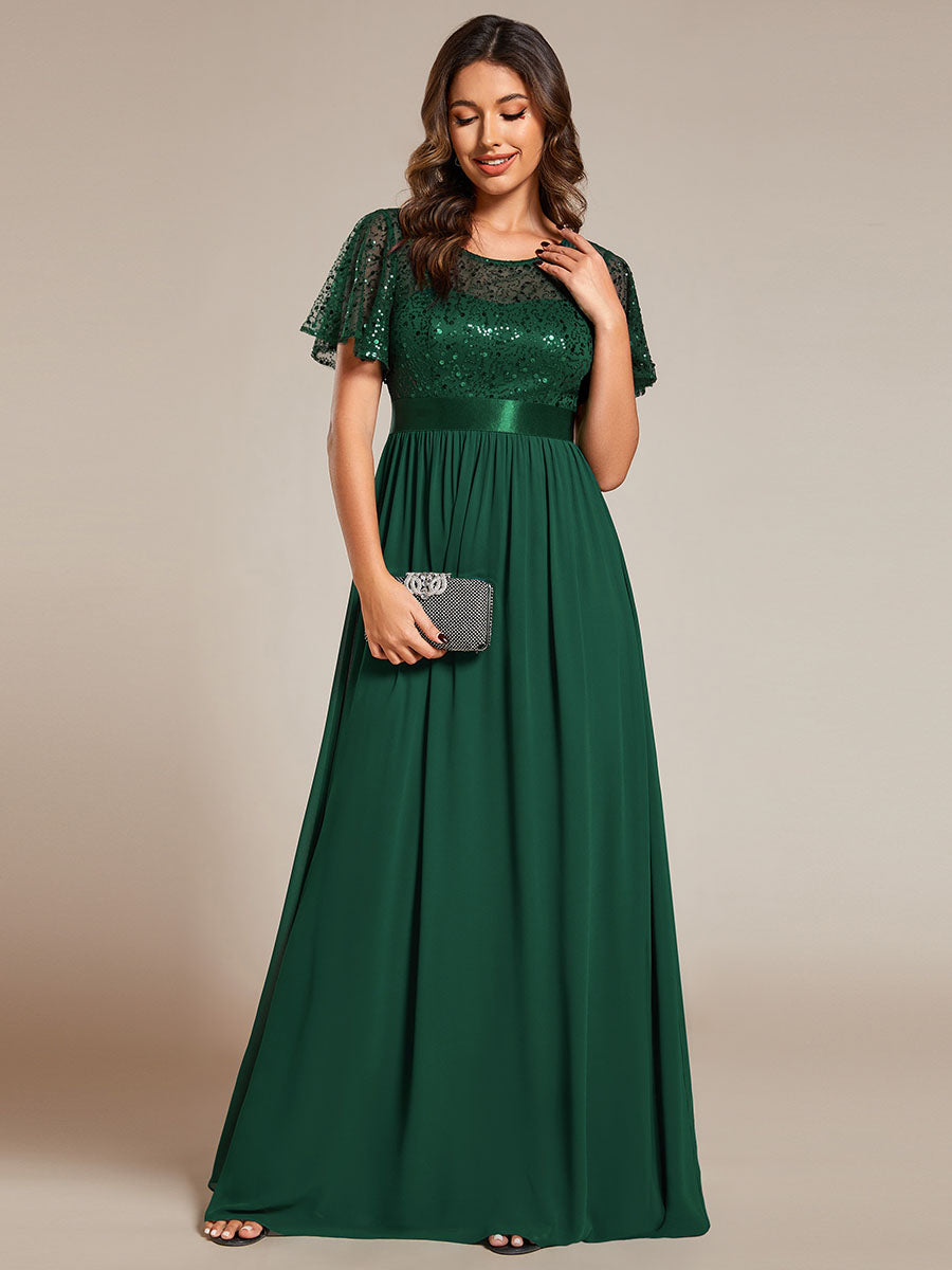 Color=Dark Green | Round-Neck Sequin Chiffon High Waist Formal Evening Dress With Short Sleeves-Dark Green 13