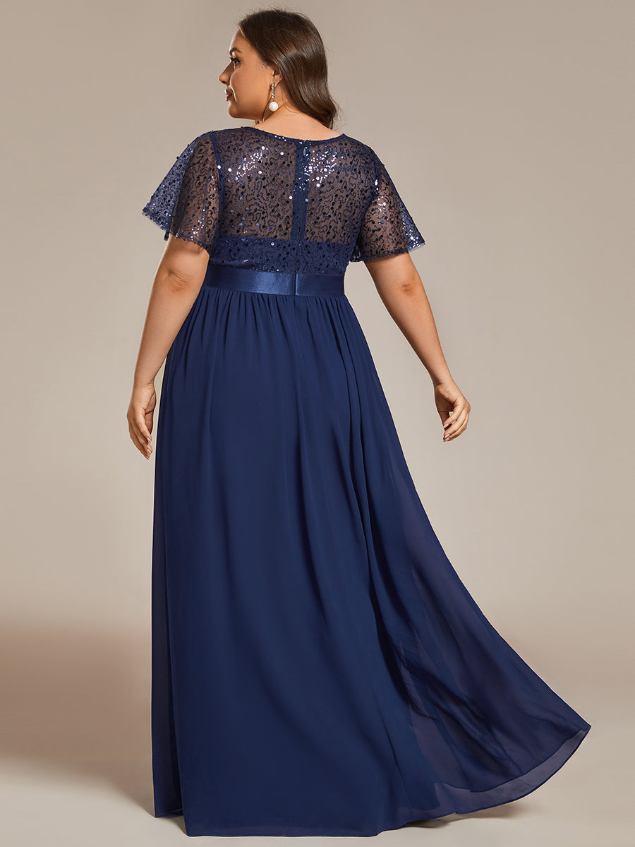 Color=Navy Blue | Plus Round-Neck Sequin Chiffon High Waist Formal Evening Dress With Short Sleeves-Navy Blue 2