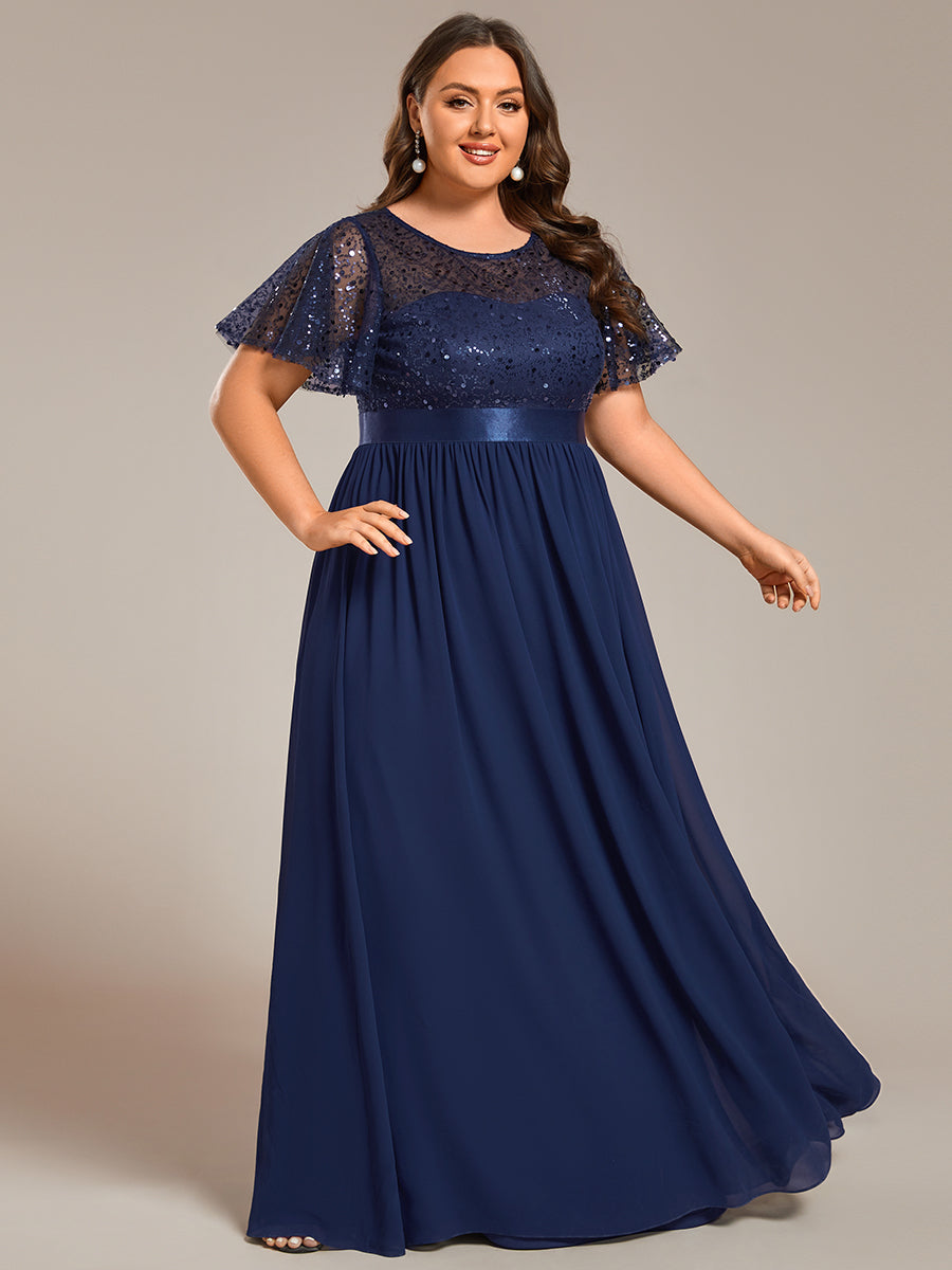 Color=Navy Blue | Plus Round-Neck Sequin Chiffon High Waist Formal Evening Dress With Short Sleeves-Navy Blue 3