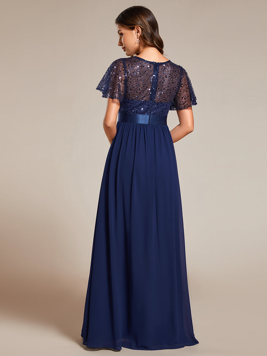 Color=Navy Blue | Round-Neck Sequin Chiffon High Waist Formal Evening Dress With Short Sleeves-Navy Blue 