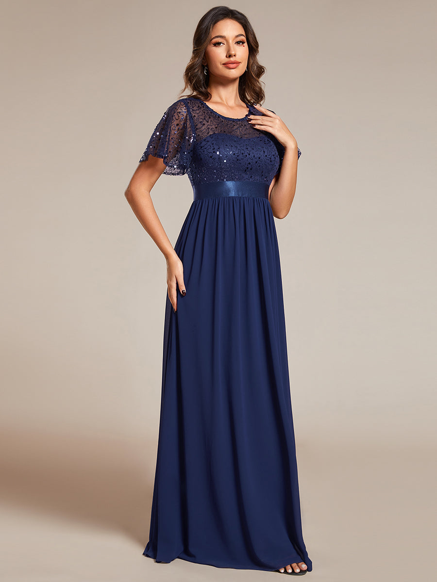 Color=Navy Blue | Round-Neck Sequin Chiffon High Waist Formal Evening Dress With Short Sleeves-Navy Blue 