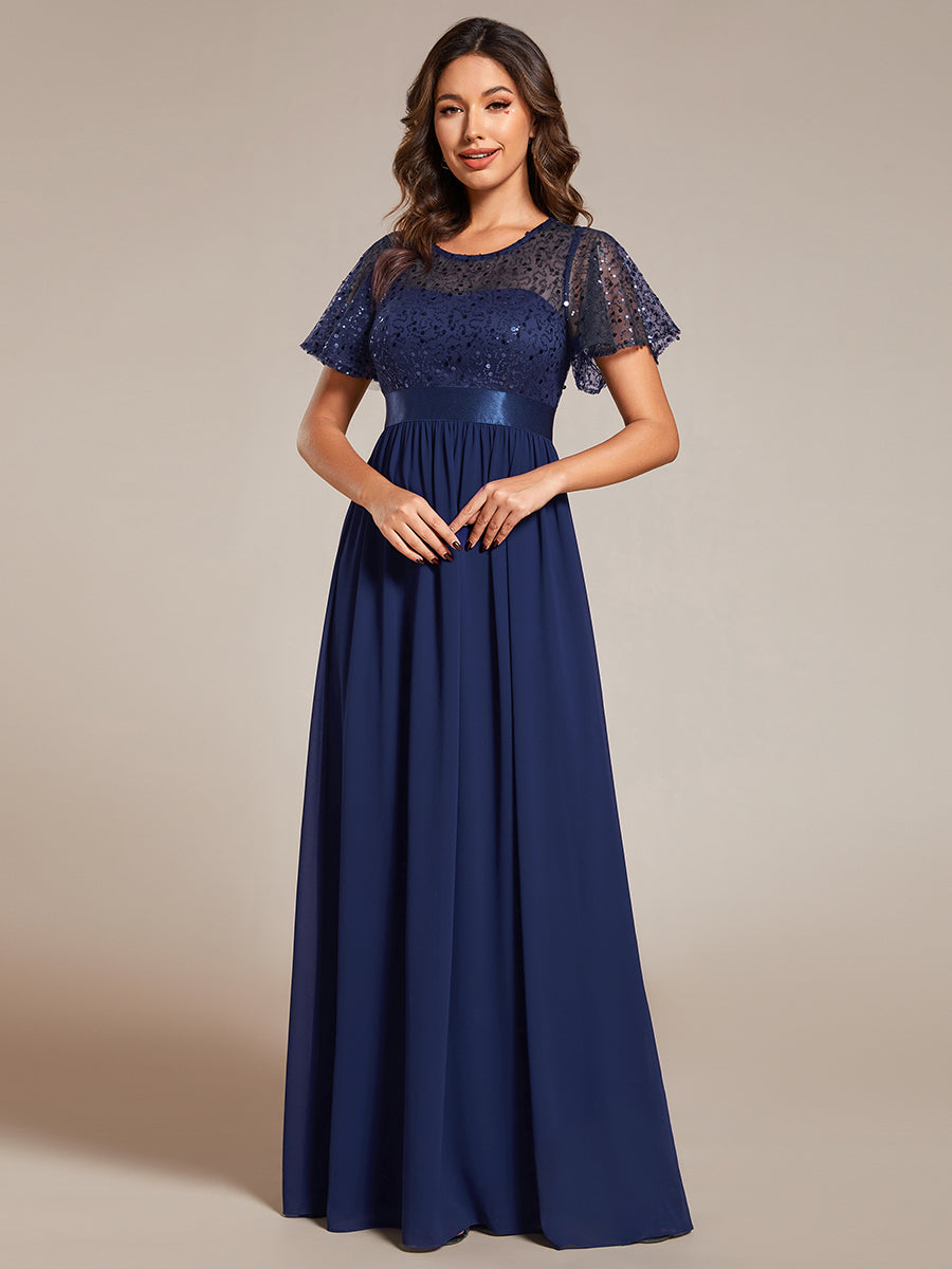 Color=Navy Blue | Round-Neck Sequin Chiffon High Waist Formal Evening Dress With Short Sleeves-Navy Blue 
