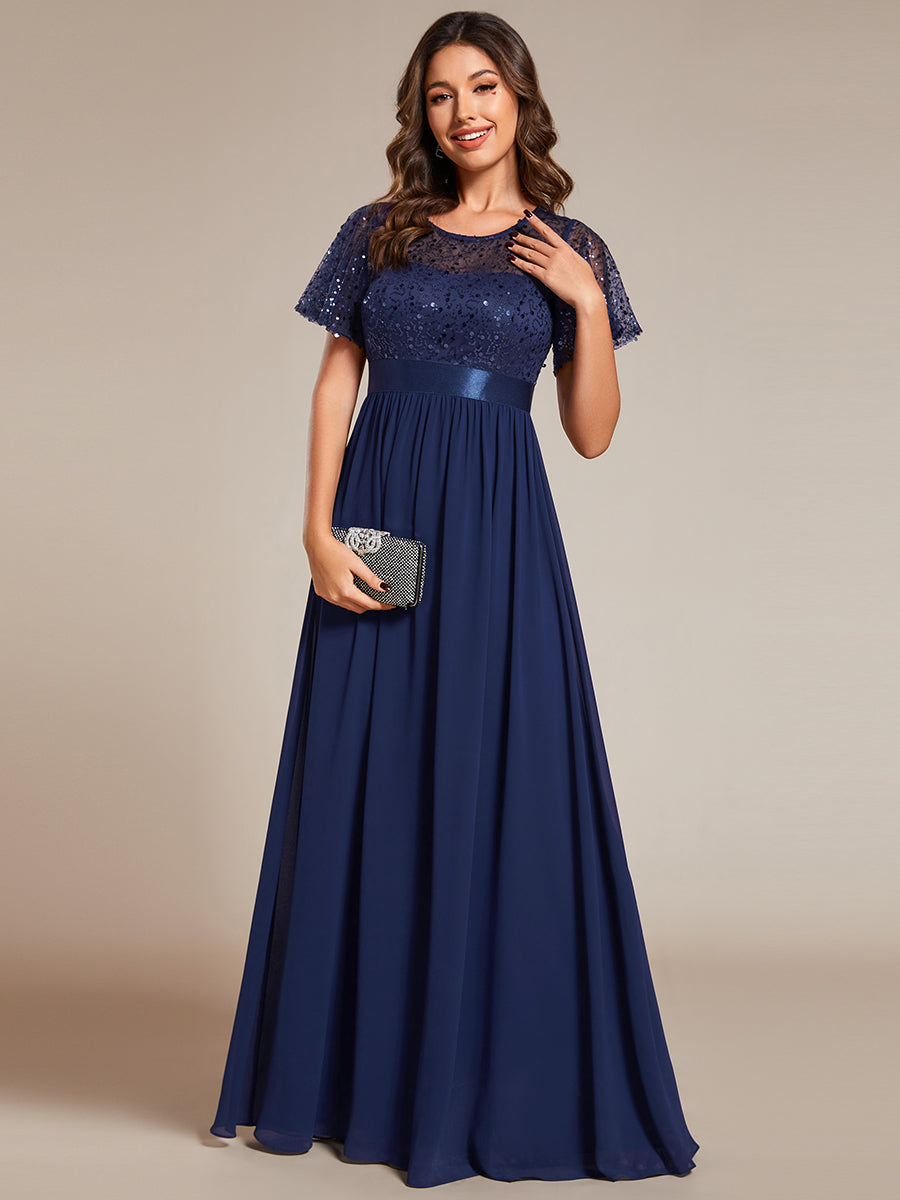 Color=Navy Blue | Round-Neck Sequin Chiffon High Waist Formal Evening Dress With Short Sleeves-Navy Blue 