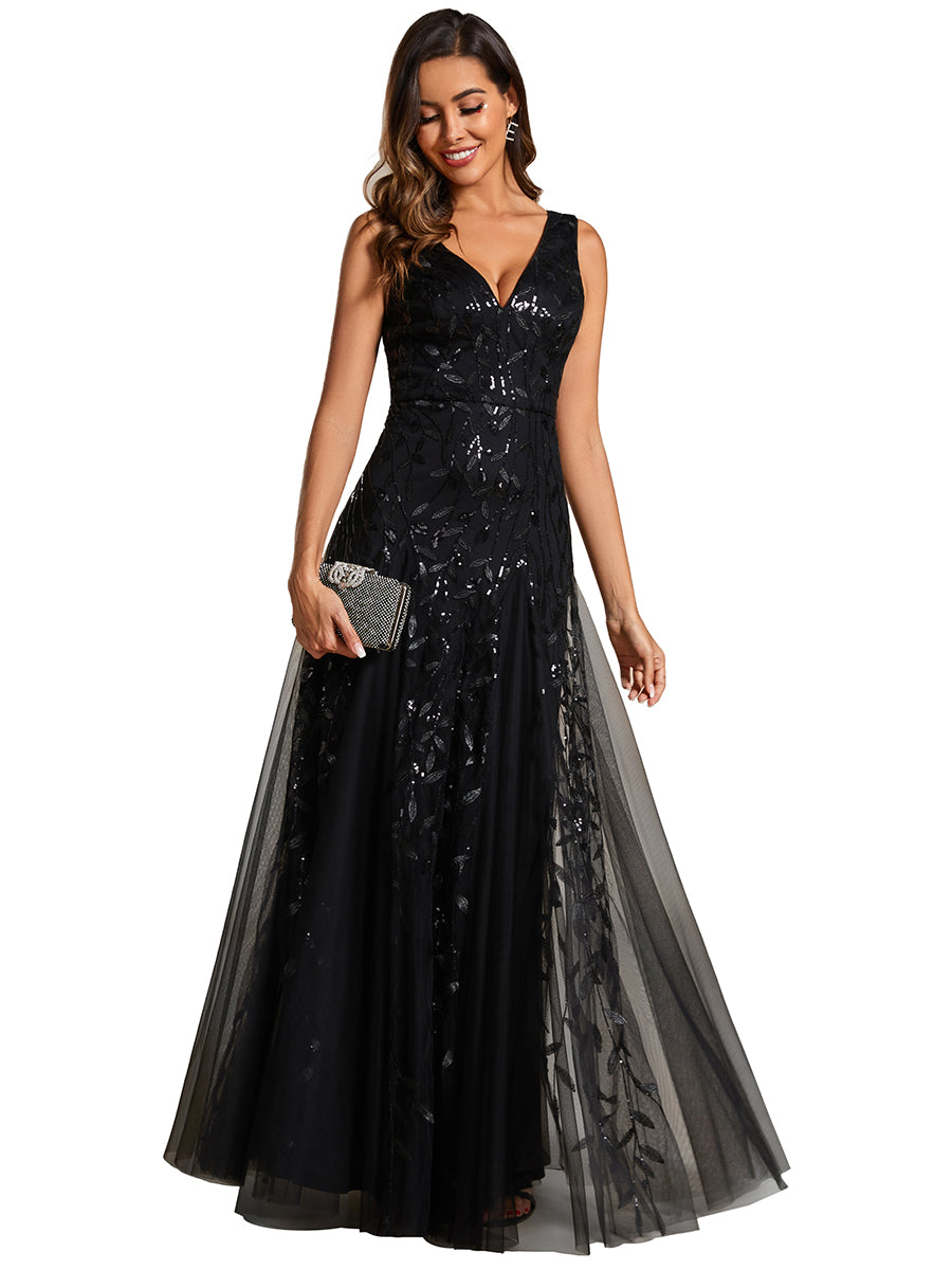 Color=Black|Factory Design Sequin V-Neck Sleeveless Evening Dresses-Black 2
