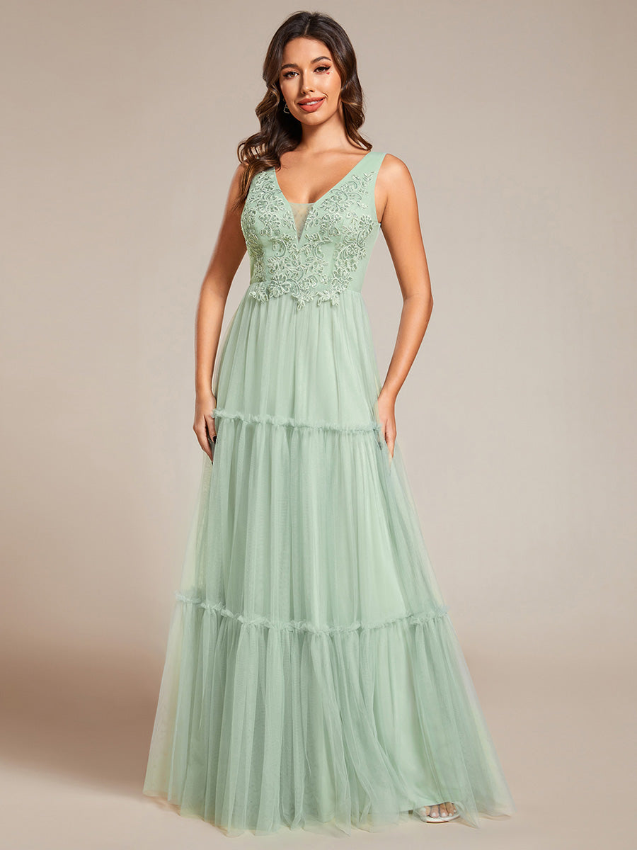 Color=Mint Green | Embroidery V Neck Wholesale Chiffon Evening Dress With Sleeveless-Mint Green 1