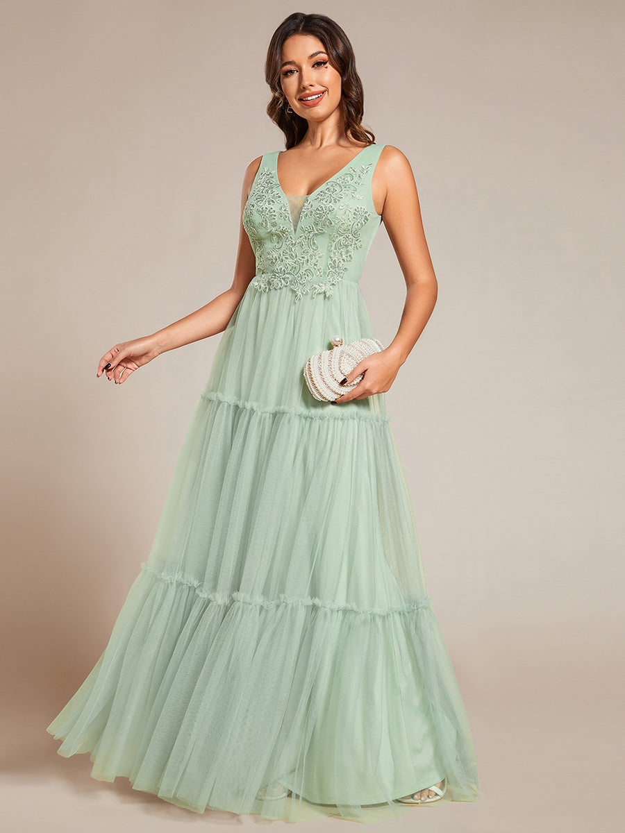 Color=Mint Green | Embroidery V Neck Wholesale Chiffon Evening Dress With Sleeveless-Mint Green 3