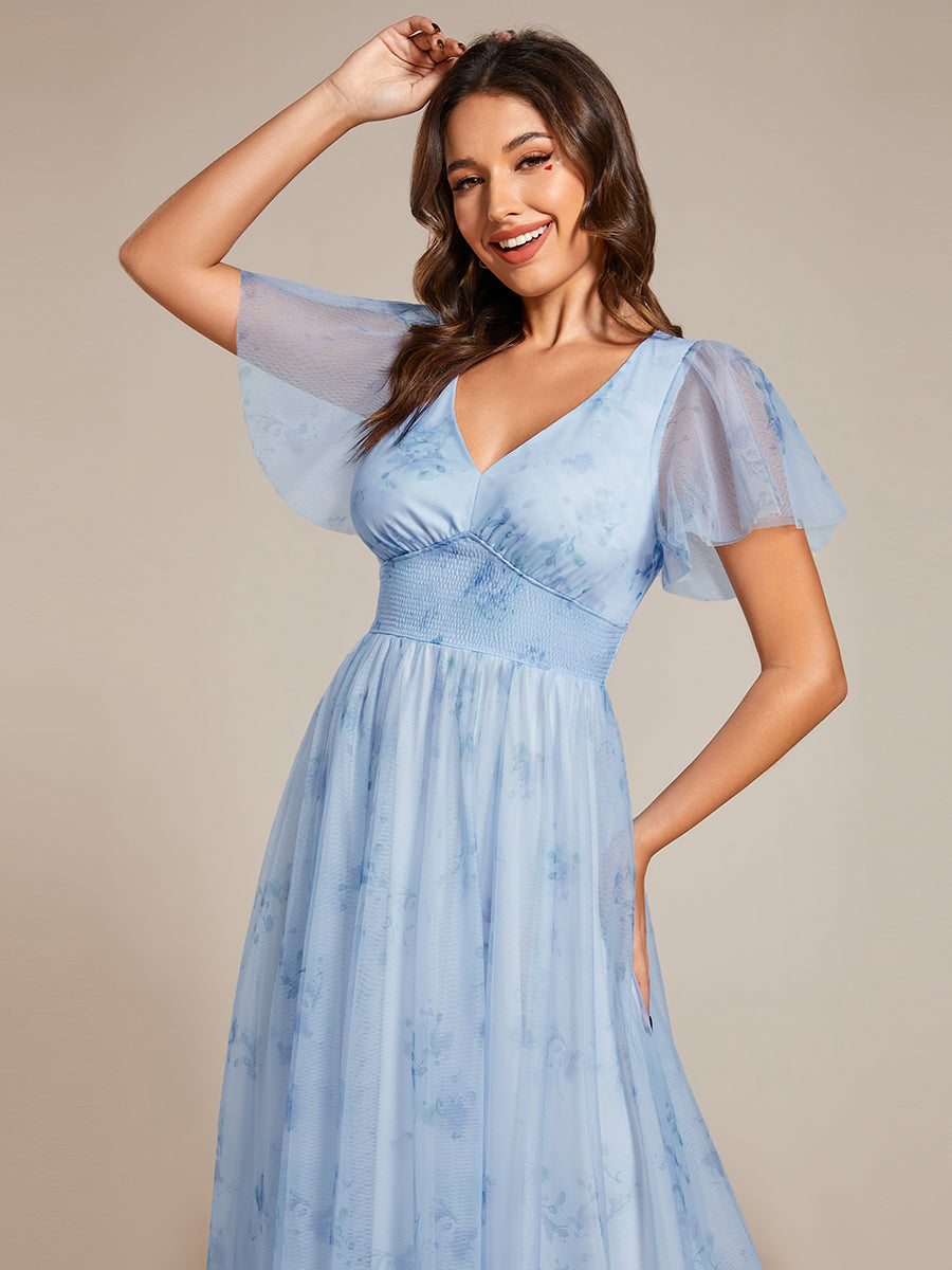 Color=Ice blue | Elegant Printed Floral Tulle V-Neck Short Sleeves Whoelsale Evening Dress-Ice blue 2