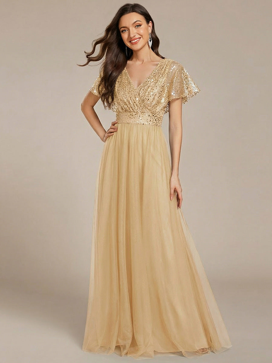 Color=Gold | Factory Design Short Sleeve Ruffle Sequin Deep V-Neck A-Line Floor Length Evening Dresses-Gold 1