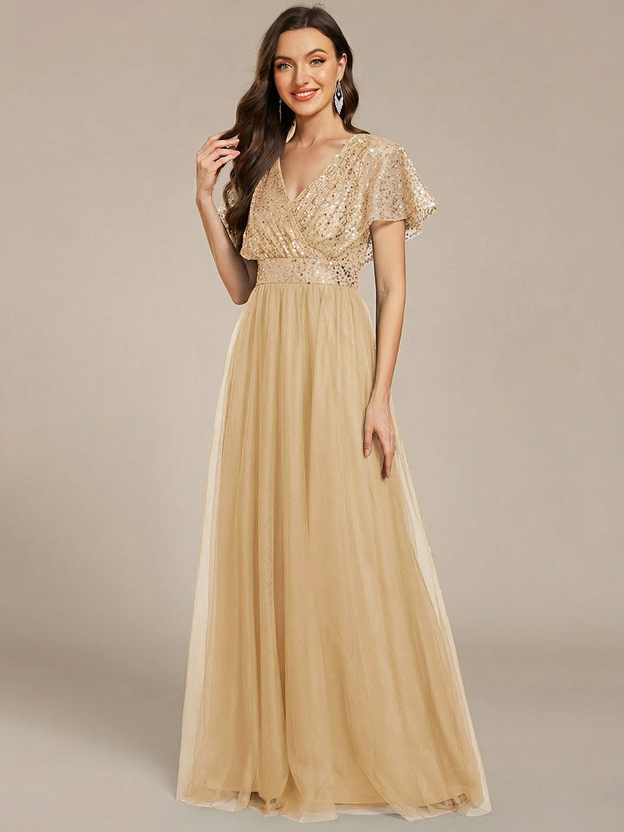 Color=Gold | Factory Design Short Sleeve Ruffle Sequin Deep V-Neck A-Line Floor Length Evening Dresses-Gold 5