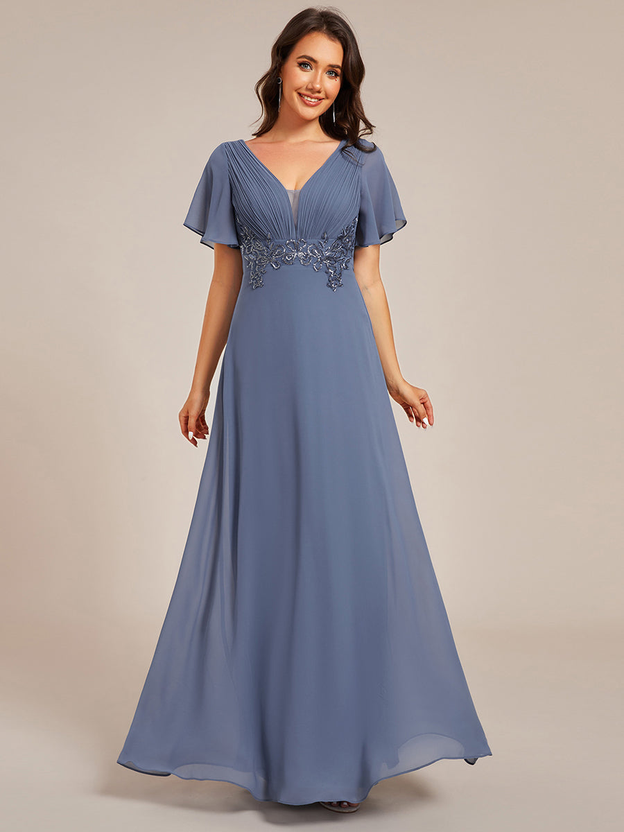 Color=Dusty Blue | Elegant Ruffles Sleeve Chiffon Evening Dresses with Pleated Applique Decoration-Dusty Blue 6