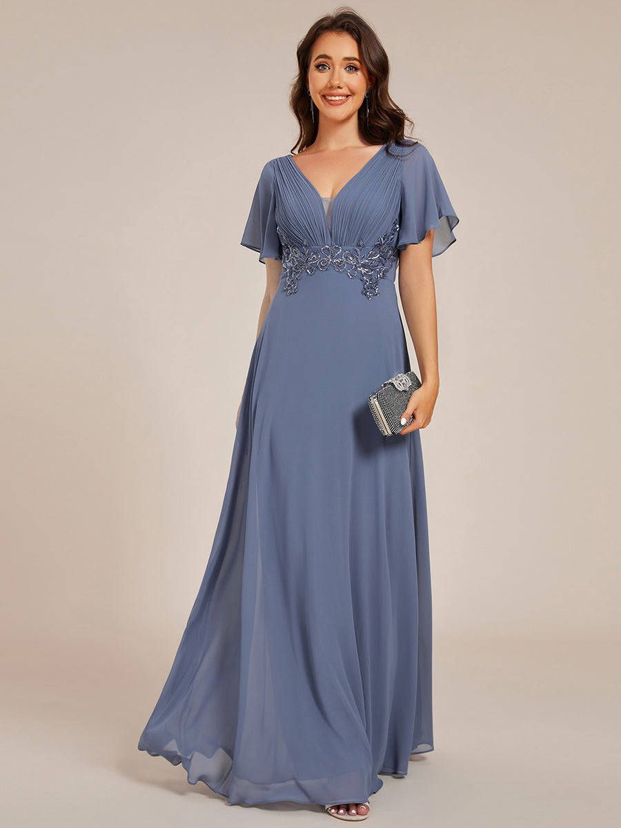 Color=Dusty Blue | Elegant Ruffles Sleeve Chiffon Evening Dresses with Pleated Applique Decoration-Dusty Blue 8