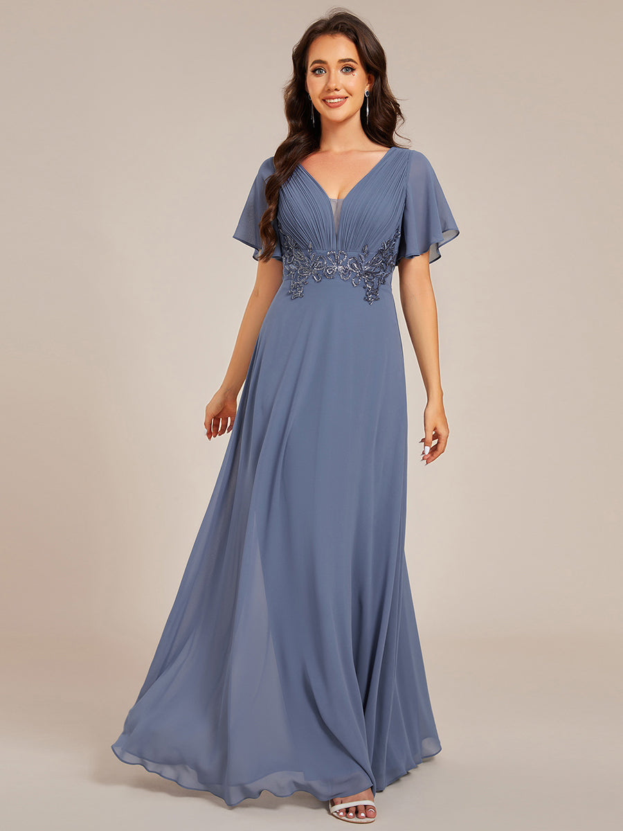 Color=Dusty Blue | Elegant Ruffles Sleeve Chiffon Evening Dresses with Pleated Applique Decoration-Dusty Blue 9