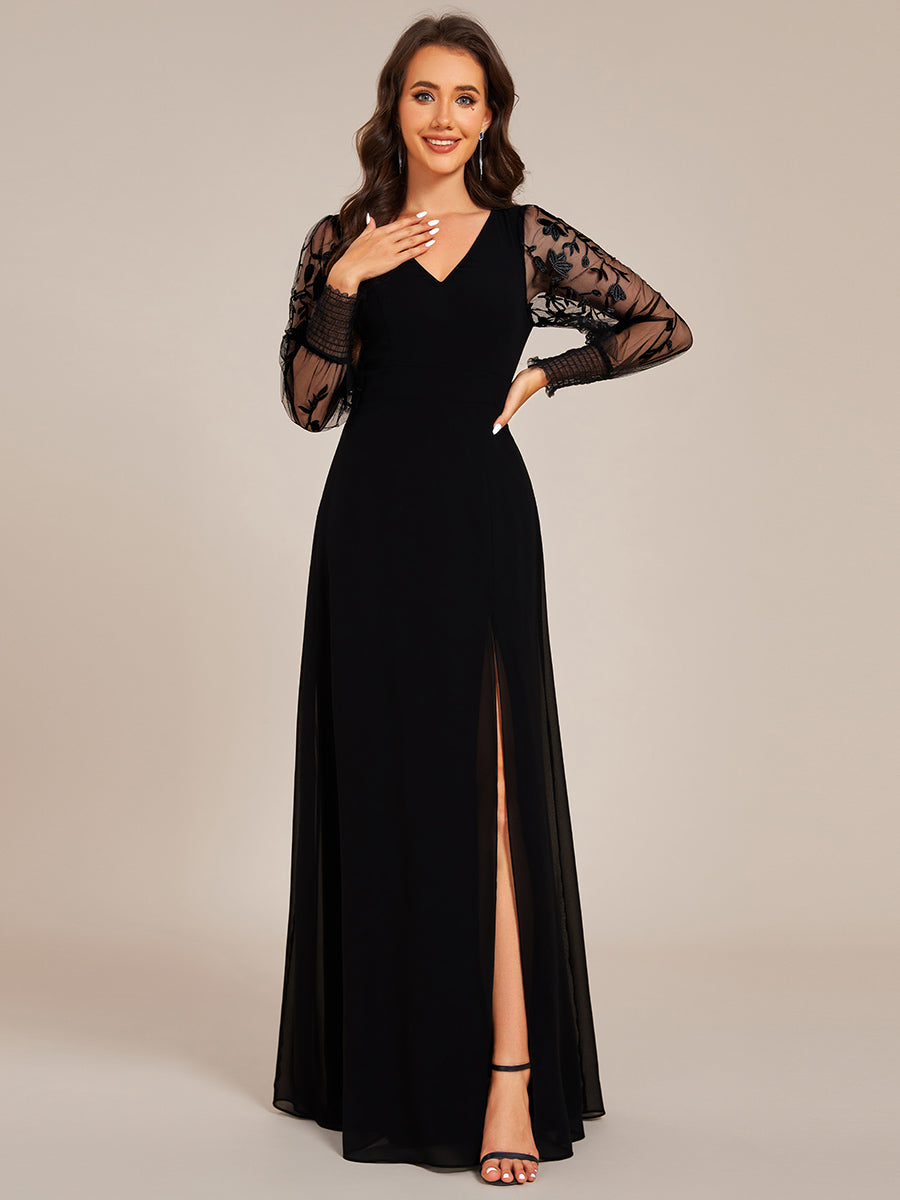 Elegant Embroidery See-Through Design Long Sleeves Floor Length Side S