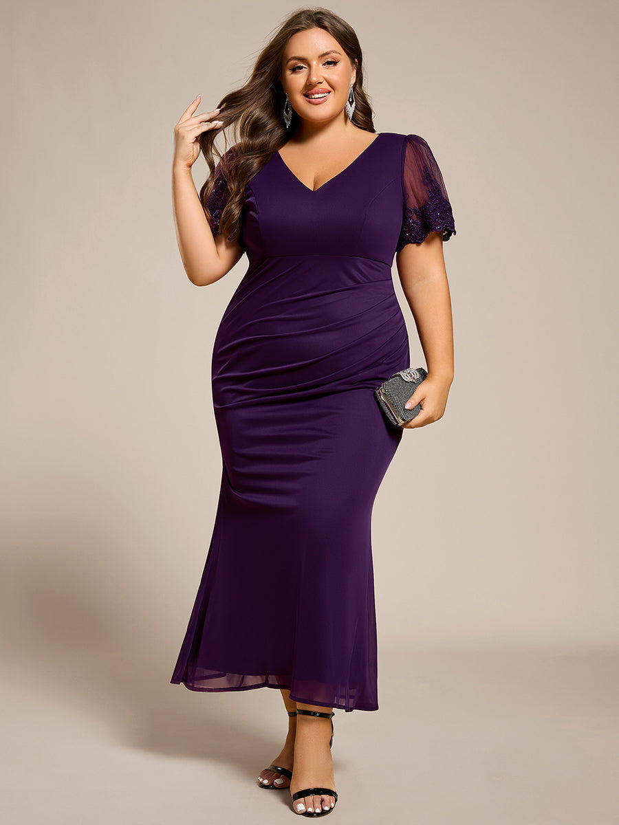 Color=Dark Purple | Plus Size Short Sleeve V-Neck Fishtail Dress with Bead Detail Formal Evening Dress-Dark Purple 6