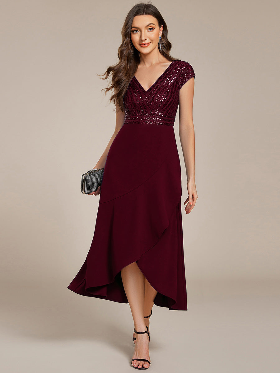 Color=Burgundy | One Stop Shop Short Sleeve Deep V-Neck Sequin High-Low Asymmetrical Evening Dresses-Burgundy 1