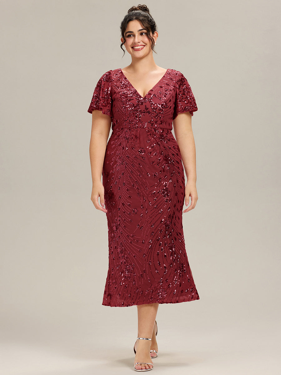 Color=Burgundy | Fast Delivery Short Sleeve Ruffle Sequin Deep V-Neck Fishtail Maxi Evening Dresses-Burgundy 26