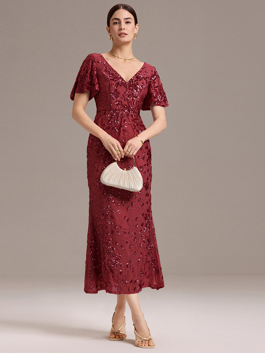 Color=Burgundy | Fast Delivery Short Sleeve Ruffle Sequin Deep V-Neck Fishtail Maxi Evening Dresses-Burgundy 26