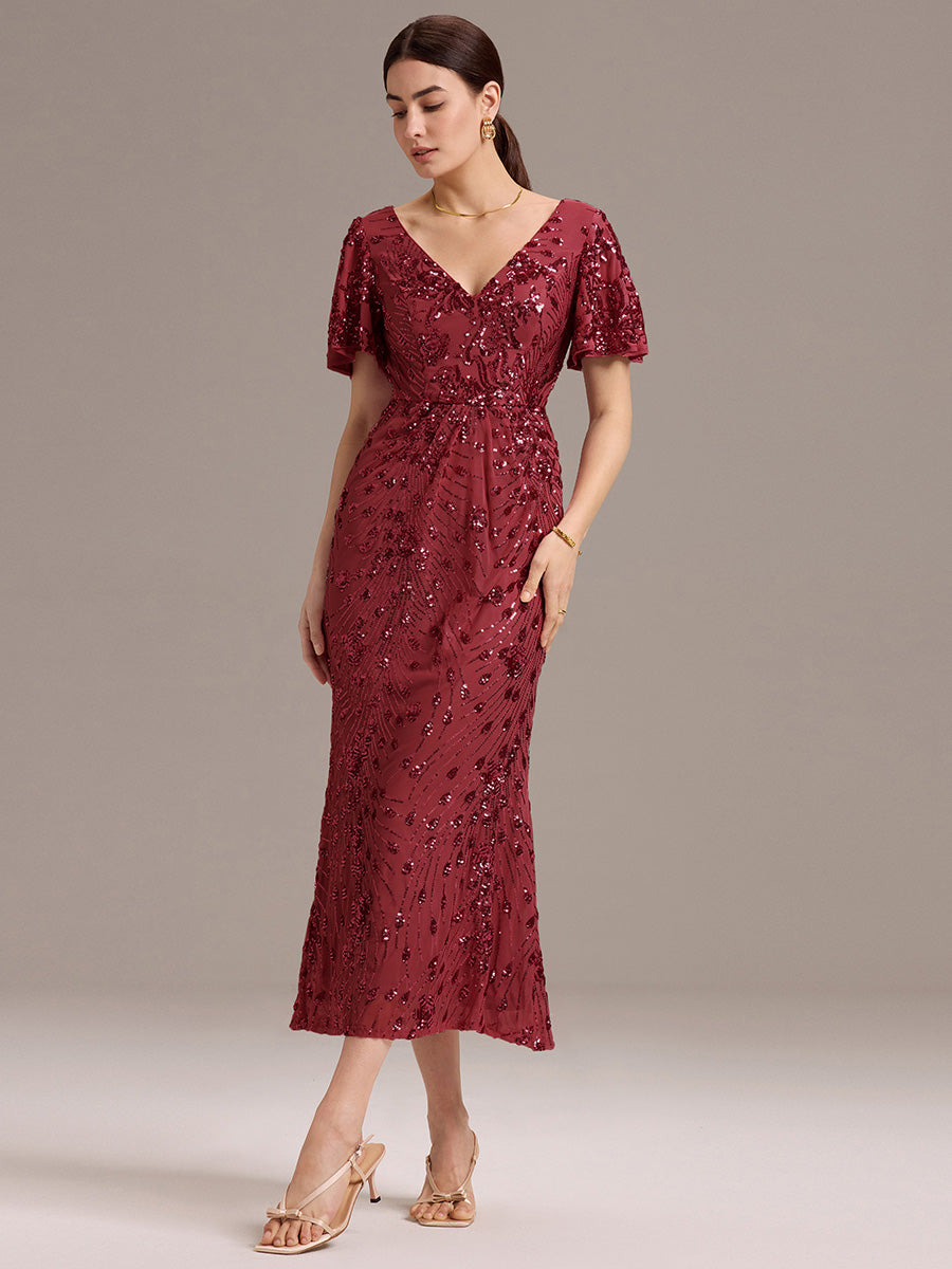 Color=Burgundy | Fast Delivery Short Sleeve Ruffle Sequin Deep V-Neck Fishtail Maxi Evening Dresses-Burgundy 29